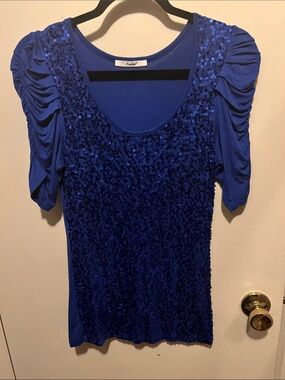 Papaya Royal Blue Sequin Scoop Neck Blouse